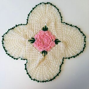 Vintage Crochet Doily Square Pink Rose Cottage Core
